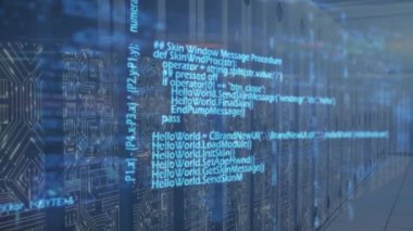 Sunucu odasında veri işleme animasyonu. küresel teknoloji ve dijital arayüz kavramı dijital olarak oluşturulmuş video.