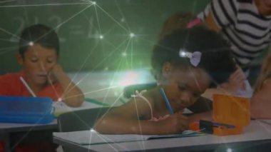 Animation of network of connections over african american girl in classroom. School, education, connections and network concept digitally generated video.