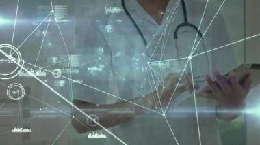Animation of data processing and network of connections over female doctor using tablet. Global medicine, healthcare and connections concept digitally generated video.