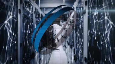 Animation of spinning globe and network of connections against computer server room. Global networking and business technology concept