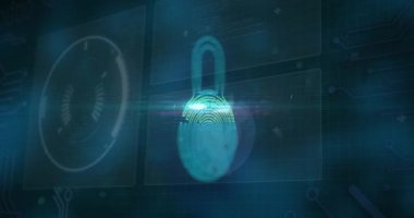 Animation of security padlock icon over interface with data processing against blue background. Cyber security and computer interface technology concept