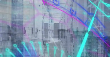 Animation of data processing over cityscape and computer servers. Global computing, data processing and networks concept digitally generated video.