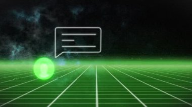 Animation of green person icon and speech bubble over green neon grid and black cosmos sky. Global communication network, digital interface and social media concept digitally generated video.