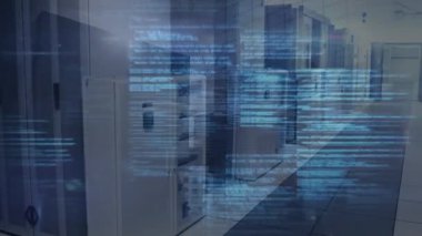 Animation of data processing against empty computer server room. Computer interface and business data storage technology concept