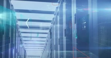 Animation of processing data and maths calculations over computer server room. Global communication, research, data and network concept digitally generated video.