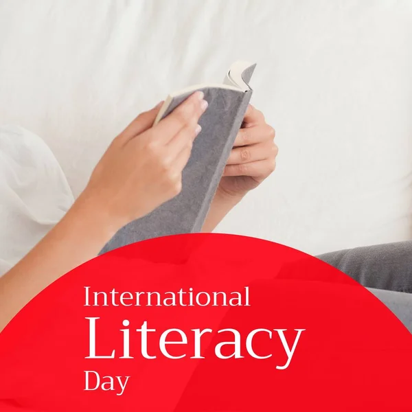 Composite Cropped Hands Caucasian Woman Holding Book International Literacy Day — Stockfoto