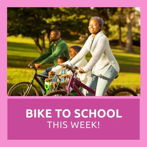 Composite African American Family Riding Bicycles Park Bike School Week — Stockfoto