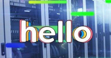 Animation of hello text and data processing over computer servers. Global computing and data processing concept digitally generated video.