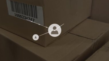 Animation of network of profile icons against close up of a delivery box. Global networking and logistics business technology concept