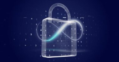 Animation of infinity over digital padlock and numbers in navy space. Global network, data safety and technology concept digitally generated video.