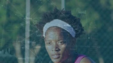Animation of network of connections with data processing over african american woman playing tennis. Global sport, connections and digital interface concept digitally generated video.
