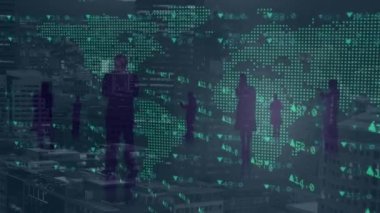 Animation of financial data, world map with multiracial business people on digital interface. Digital composite, artificial intelligence, global communication, finance, economy.