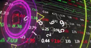 Animation of shapes, numbers, processing circle and financial data on digital screen. Global finance, economy, data processing and technology concept digitally generated video.