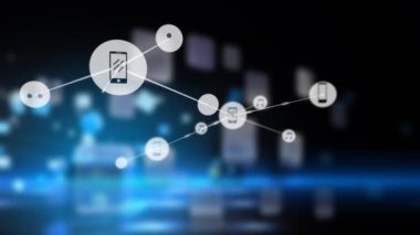 Animation of moving smart phone and music note icons connecting by digital lines. 3d illustration, digital composite, technology, communication, connection, futuristic, networking, sharing, music.