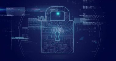 Animation of neon circle with 0 percent over digital padlock and data on digital screen. Data safety, digital screen, interface and technology concept digitally generated video.