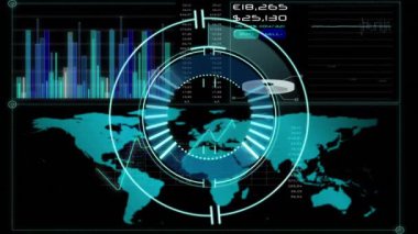 Siyah arkaplanda veri işleme üzerinde tarama kapsamı animasyonu. Küresel teknoloji, bilgisayar ve dijital arayüz kavramı dijital olarak oluşturulmuş video.