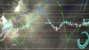 Animation of graphs and financial data over stormy sky. Global finance and economy concept digitally generated video.
