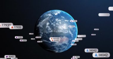 Animation of social media notifications processing data over globe in night sky. Global communication network, digital interface and social media concept digitally generated video.