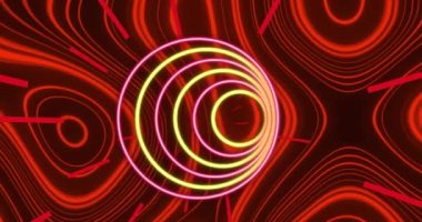 Animation of neon circles over red wavy background. Colour, shape and movement concept digitally generated video.
