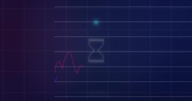 Animation of neon circle with hourglass over digital screen with financial graphs. Global finance, economy and technology concept digitally generated video.