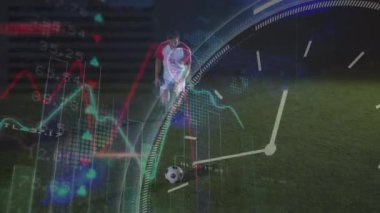 Animation of clock and data processing over caucasian male football player with ball on pitch. Sports, competition, computing and data processing concept digitally generated video.
