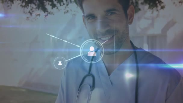 Animation Interconnecting Dots Lines Portrait Smiling Male Caucasian Doctor Digital — Stock video