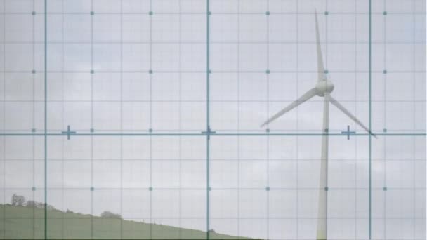 Animation Grid Network Spinning Windmill Blue Sky Global Networking Renewable — Vídeo de stock