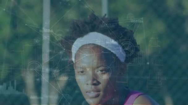 Animation Network Connections Data Processing African American Woman Playing Tennis — 图库视频影像