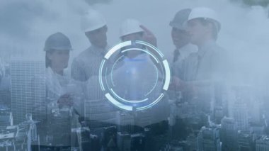 Animation of processing circle over diverse engineers with plan and cityscape. business, time, network and technology concept digitally generated video.