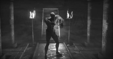 Image of scary zombie mummy walking in dark crypt room with burning torches, in black and white. Halloween fear, horror and suspense concept digitally generated image.
