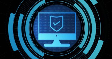 Image of shield on computer screen in processing circle on black background. Data processing, digital security and technology concept digitally generated image.