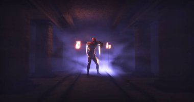 Image of scary zombie mummy walking around in dark crypt room with burning torches. Halloween fear, horror and suspense concept digitally generated image.