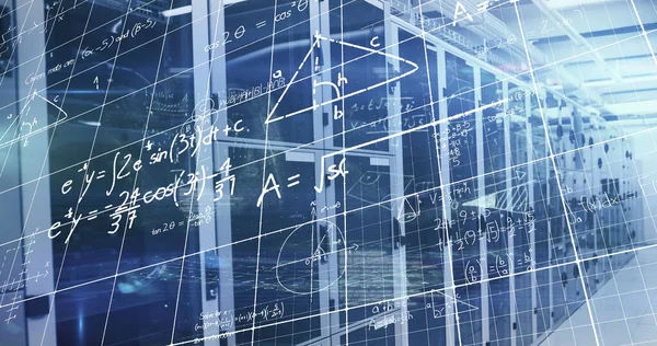 Image of processing data and maths calculations over computer server room. Global communication, research, data and network concept digitally generated image.