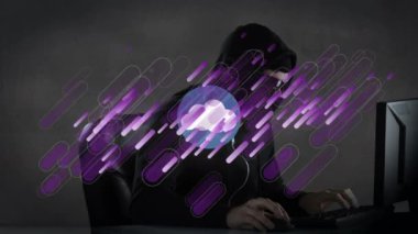 Animation of purple shapes and connections with tech icons over caucasian male hacker. Global data safety, digital security, network and technology concept digitally generated video.