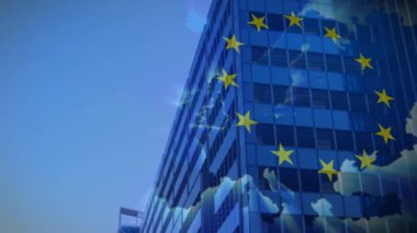 Animation of european union flag and map over tall buildings against clouds in the sky. European union and business concept