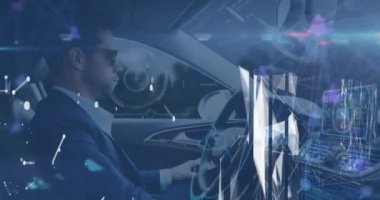 Animation of network of connections and data processing against african american man driving a car. Global networking and business technology concept