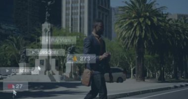 Animation of notifications over african american businessman drinking coffee while crossing road. Social media, digital composite, drink, global connection, internet, technology and city concept.