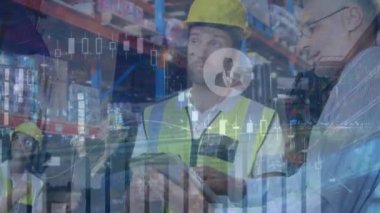 Animation of graph, profile icons over caucasian supervisor discussing with colleague in warehouse. Digital composite, multiple exposure, business, wireless technology, analysis.