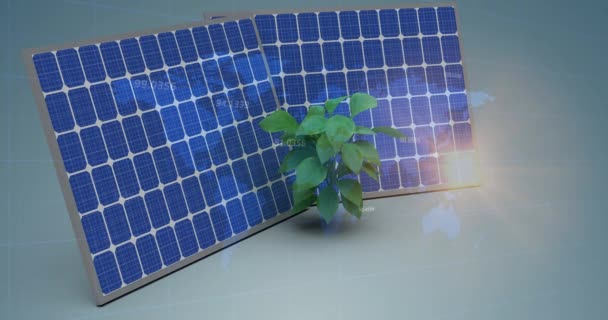 Animation Numbers World Map Solar Panel Plant Sampling Blue Background — Vídeos de Stock