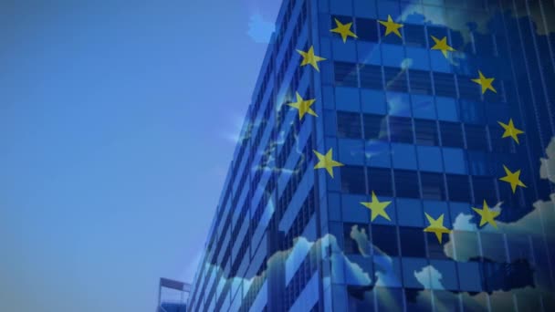 Animation European Union Flag Map Tall Buildings Clouds Sky European — Vídeo de stock