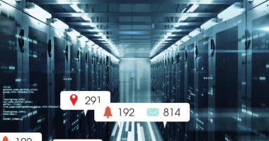 Image of social media icons and numbers and data processing over computer servers. Global social media, computing, data processing and digital interface concept digitally generated image.