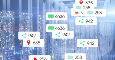 Image of media icons over server room. Global business and digital interface concept digitally generated image.