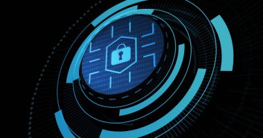 Image of digital padlock in processing circle on black background. Data processing, digital security and technology concept digitally generated image.