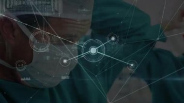 Animation of network of connections over caucasian male surgeon tying face mask. Health, medicine, connections, network and technology concept digitally generated video.