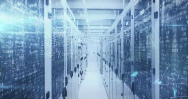 Animation of data processing and mathematical equations over server room. Global technology, computing and digital interface concept digitally generated video.