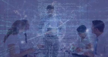 Animation of computer language, globe and dots over caucasian man briefing project to coworkers. Digital composite, multiple exposure, teamwork, meeting, communication, business and technology.