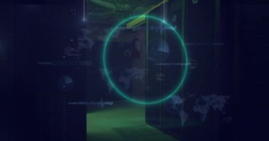 Animation of circles over data processing and server room. Global business and digital interface concept digitally generated video.