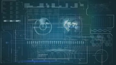Mavi arkaplanda veri işleme animasyonu. küresel iş ve dijital arayüz kavramı dijital olarak oluşturulmuş video.