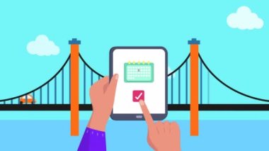 Animation of bridge over hands using tablet. Social media, travel and digital interface concept digitally generated video.