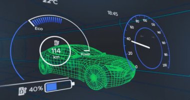Animation of data processing over digital car on black background. Global transport, computing and digital interface concept digitally generated video.